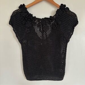 Anthropologie Knitted & Knotted Open Knit Crochet Floral Neckline Top Size Small